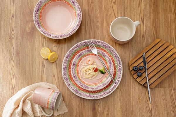 Rustic Hand-Painted Ceramic Dinnerware Set – Vibrant Rainbow Tones - 图片 2